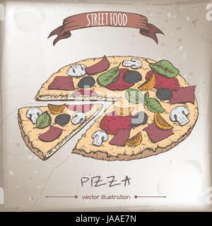 Pizza color sketch on grunge background. Stock Vector