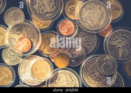 Plenty of Collectible Coins in Closeup Photography. Vintage United States of America Coins. Some in Air-Tite Holders. Stock Photo