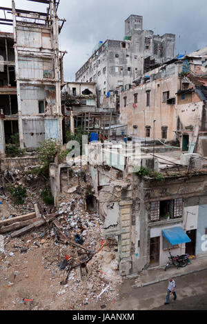 View of Old Havana, Cuba. Cuban city with architecture, residential buildings and urban landscape. Houses and homes collapsed in a pile of rubble Stock Photo