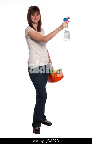 Young woman with window cleaner and a bucket filled with cleaning materials isolated on white background Stock Photo