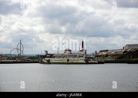 Tuxedo Royal abandoned derelict pleasure cruiser boat now a shipwreck on the River Tees at Middlesbrough waiting to be dismantled Stock Photo