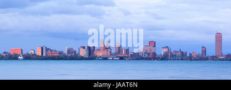 A panoramic photo of the Buffalo skyline and Lake Erie at sunset. Buffalo, New York, USA. Stock Photo