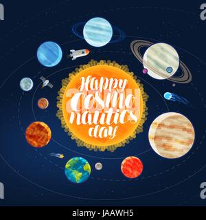 Happy cosmonautics day, banner. Outer space, cosmos, galaxy, planets and stars concept. Cartoon vector illustration Stock Vector