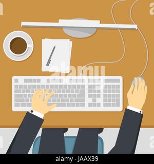 Businessman working on desktop computer in top view vector illustration Stock Vector