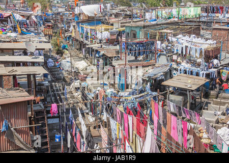 Editorial: MUMBAI, MAHARASHTRA, INDIA, April 12, 2017 - The Mahalaxmi Dhobi Ghat open air laundromat in Mumbai Stock Photo