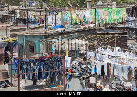 Editorial: MUMBAI, MAHARASHTRA, INDIA, April 12, 2017 - Laundry drying in the Mahalaxmi Dhobi Ghat open air laundromat in Mumbai Stock Photo