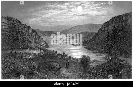 An engraving of Harpers Ferry by Moonlight scanned at high resolution from a book printed in 1872.  Believed copyright free. Stock Photo