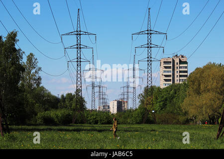 landscape with the image of ETL power transmission line and man Stock Photo
