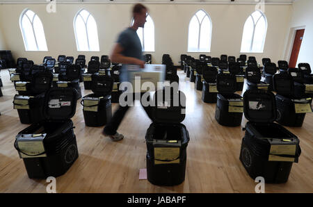 Ballot Boxes are gathered at Glengormley Methodist church in Belfast ahead of the General Election. Stock Photo