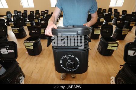 Ballot Boxes are gathered at Glengormley Methodist church in Belfast ahead of the General Election. Stock Photo