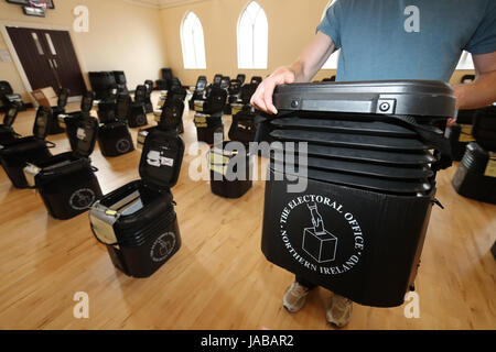 Ballot Boxes are gathered at Glengormley Methodist church in Belfast ahead of the General Election. Stock Photo