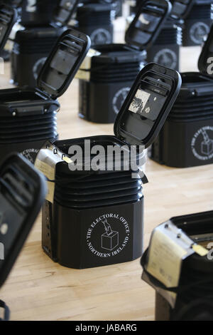 Ballot Boxes are gathered at Glengormley Methodist church in Belfast ahead of the General Election. Stock Photo