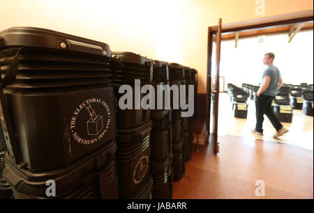 Ballot Boxes are gathered at Glengormley Methodist church in Belfast ahead of the General Election. Stock Photo