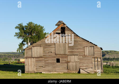 Dilapidated Wooden Barn with caved in roof from the front with trees in the background and light blue sky above. Stock Photo