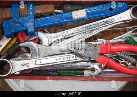 Tool box full of spanners and other tools. Stock Photo