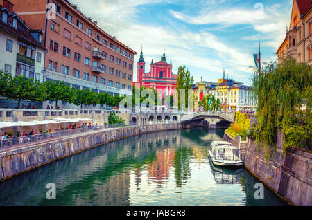 Slovenia Ljubljana Tromostovje Ljublianica river Church Stock Photo