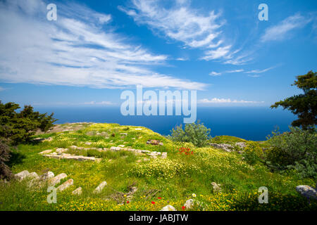 The ruins of ancient Thira, a prehistoric village at the top of the mountain Mesa Vouno, Santorini, Greece. Stock Photo