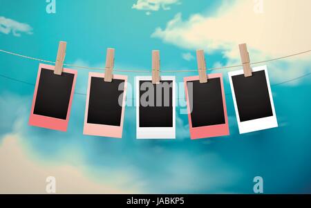 Retro photo frames hanging on rope isolated on checkered transparent ...