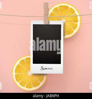 Retro photo frame hanging on the rope over pink background with tangerine slices Stock Vector