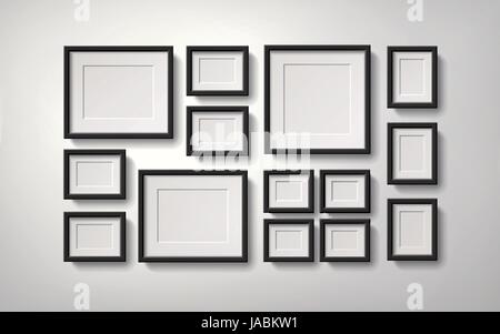 Realistic blank picture frames collection hanging on the wall, 3d illustration Stock Vector