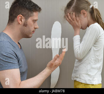 Little girl spoiled the wallpaper and her dad is angry. Stock Photo