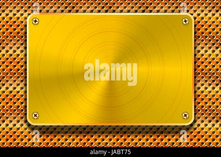 Glossy polished gold metal plate with screws on copper grid, industrial background Stock Vector