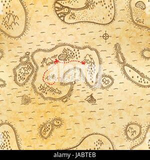 Ancient pirate map on old textured paper with red path to treasure, seamless pattern Stock Vector