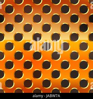 Glossy copper metal grid with round holes on black, seamless pattern Stock Vector