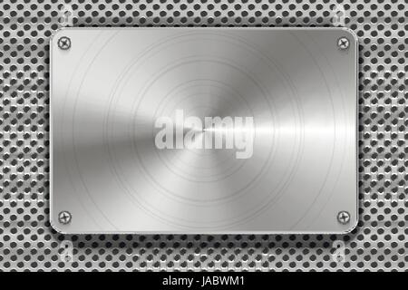 Glossy polished metal plate with screws on grid, industrial background Stock Vector