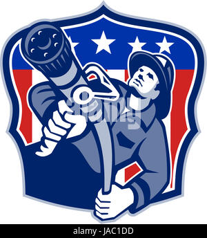 Illustration of an American fireman fire fighter emergency worker aiming fire hose set inside shield with USA stars and stripes flag done in retro style. Stock Photo