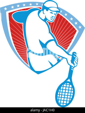 Illustration of a tennis player holding racquet set inside crest shield with stars on isolated background done in retro style. Stock Photo