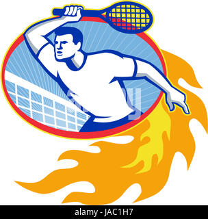 Illustration of a tennis player holding racquet set inside oval with fiery fire flames on isolated background done in retro style. Stock Photo