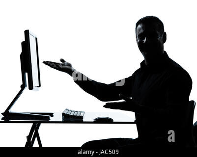 one caucasian business man showing gesture computer computing silhouette in studio isolated on white background Stock Photo