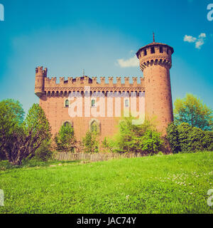 Vintage looking The Medieval Castle in Parco del Valentino Turin Italy Stock Photo