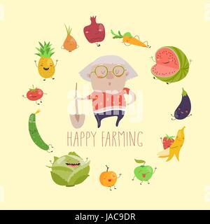 Cute granny farmer with funny vegetables Stock Vector