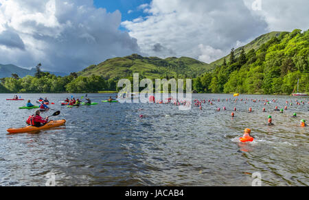 Swimmers awaiting the start of the 2017 Ullswater EPIC open water swimming event (3.8 km) Stock Photo