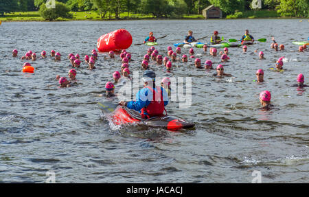 Swimmers awaiting the start of the 2017 Ullswater EPIC open water swimming event (3.8 km) Stock Photo