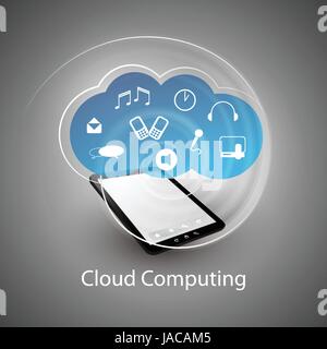 Everything Into the Global Cloud Network - Abstract Colorful Cloud Computing Concept Design with Mobile Device, Tablet PC and Icons Cloud -  Vector Stock Vector