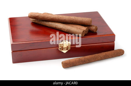 Cigars and humidor isolated on white Stock Photo