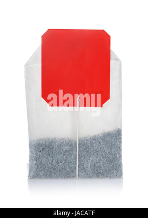 Teabag with red blank label isolated on white Stock Photo