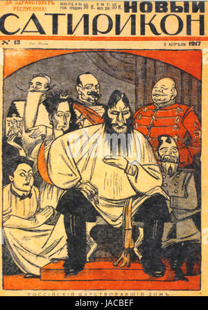 NEW SATIRICON MAGAZINE 2 April 1917. Caricature of Rasputin surrounded by the Tsar and Tsarina with military leaders Stock Photo