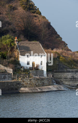 Former coastguard's cottage (whitewashed & with thatched roof) sits above the sea, by the harbour wall & under cliffs - Runswick Bay, England, UK. Stock Photo
