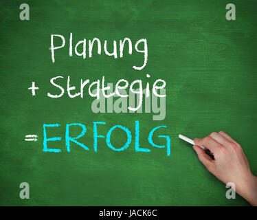 Man writing planung strategy and erfolg on chalkboard Stock Photo