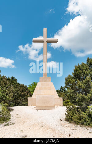 Cross monument on the mountain of the Vidova Gora viewpoint, the highest point of the dalmatian mountains. Vidova gora is one of the top tourist attra Stock Photo