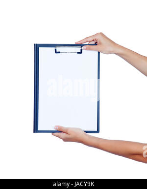 Clipboard with blank paper held by a woman hands isolated on white background Stock Photo
