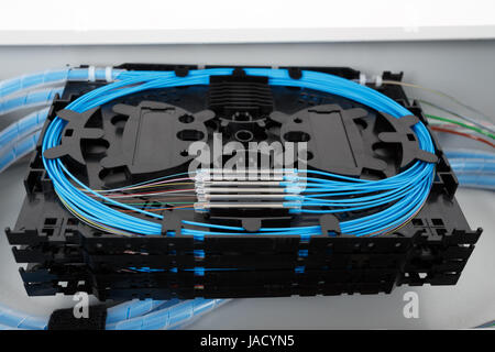 stack of fiber optic splice cassettes with protection sleeve and blue fibres installed in optical distribution frame Stock Photo