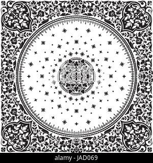 Victorian floral paisley medallion ornamental rug vector. Ethnic mandala towel frame. Vintage flower tile. Black and white. Textile, greeting business Stock Vector