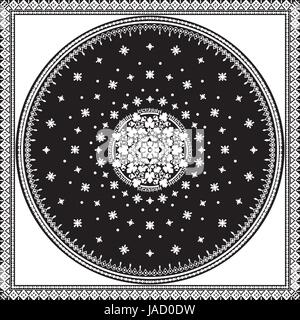 Victorian floral paisley medallion ornamental rug vector. Ethnic mandala towel frame. Vintage flower tile. Black and white. Textile, greeting business Stock Vector