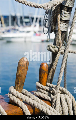 Blocks and rigging at the old sailboat, close-up Stock Photo