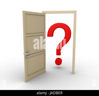 3d door is open and a question mark symbol is behind it Stock Photo